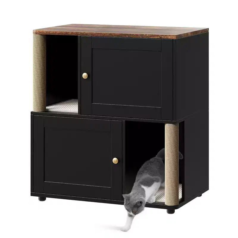 Litter Box Enclosure with Double Room, Hidden Enclosed Litterbox Furniture with Scratch Posts and Double-Layer Litter Mats Indoor Pet House