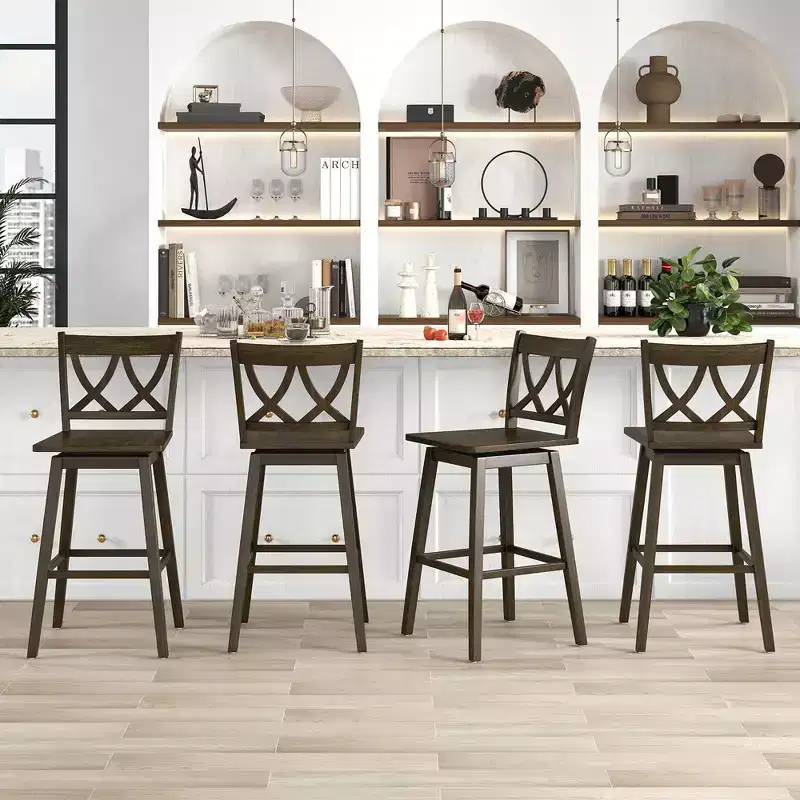 Costway 29 Bar Stool Set of 4 w/Rubber Wood Frame Swivel Seat Ergonomic Backrest