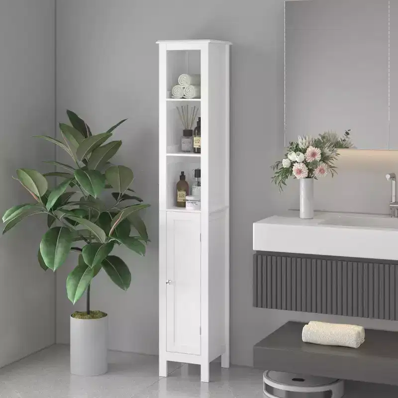 JVNOXK 66.92-inch tall bathroom storage cabinet with adjustable shelves, single-door freestanding unit, anti-tip design, suitable for bathrooms, white