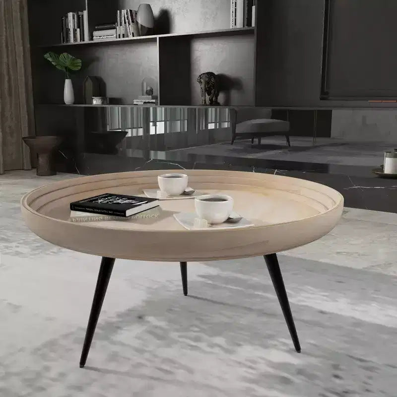 Coffee Table Round Tray Top Handcrafted Washed White Mango Wood, 30 Inch