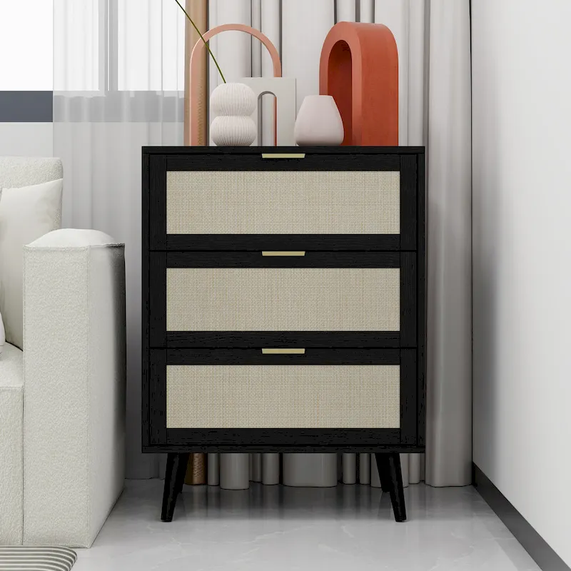 Rattan 3 Drawer Cabinet for Bedroom Living Room