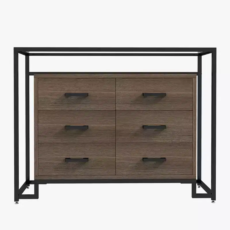 Storage cabinet, six drawers, tempered glass and wooden base, durable steel frame and spacious drawers, suitable for living room, entryway, bedroom.