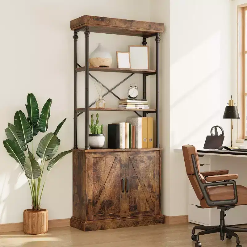 Farmhouse Bookcase with Doors, 74 Wood Bookshelf with Storage Cabinet, Vintage Open Shelf Design for Living Room, Home Office, Bedroom, Library