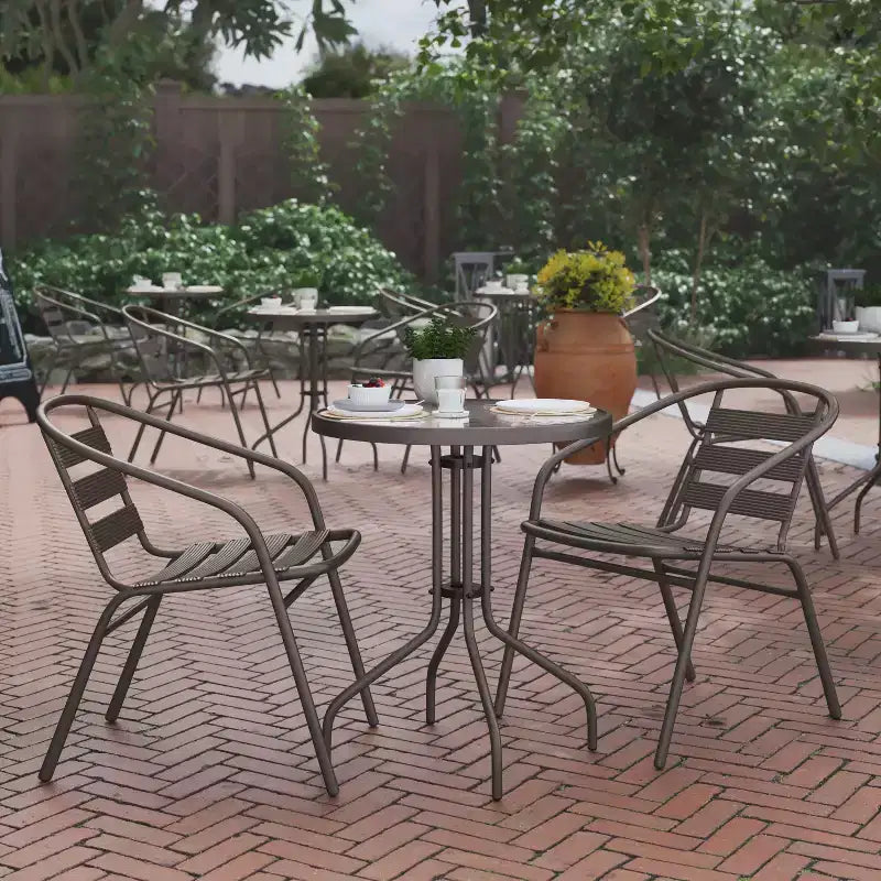 Flash Furniture Lila 23.75'' Round Glass Metal Table with 2 Metal Aluminum Slat Stack Chairs