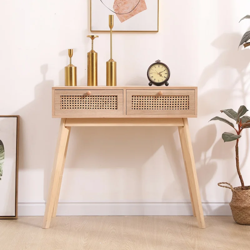 Side table with two real rattan drawers, solid wood table legs,can be used in the dining room, living room,bedroom