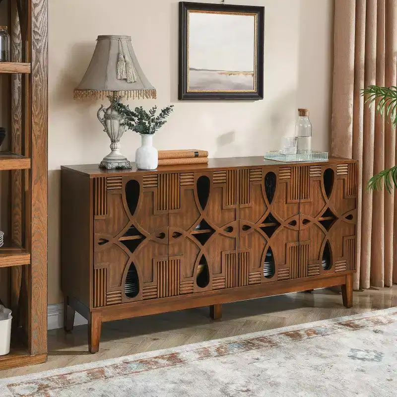 Mid Century Modern Accent Cabinet with 4 Hollow Carved Doors and Outlet Holes, Sideboard Buffet Cabinet with Storage Shelves for Kitchen, Living Room