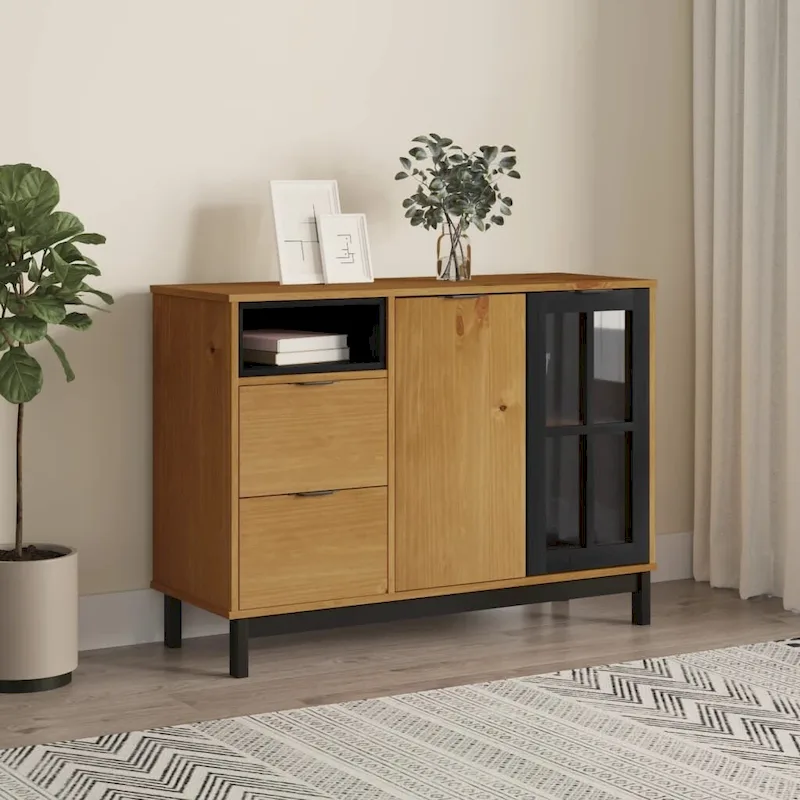 Sideboard with Glass Door �C Solid Pine Wood, 43.3 x 15.7 x 31.5 in.