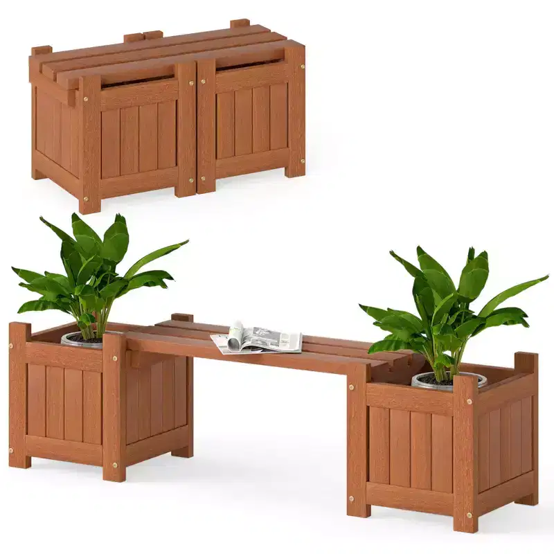 Costway Wood Planter Box with Bench Open-Ended Base & Teak Oil Finish for Flowerpots