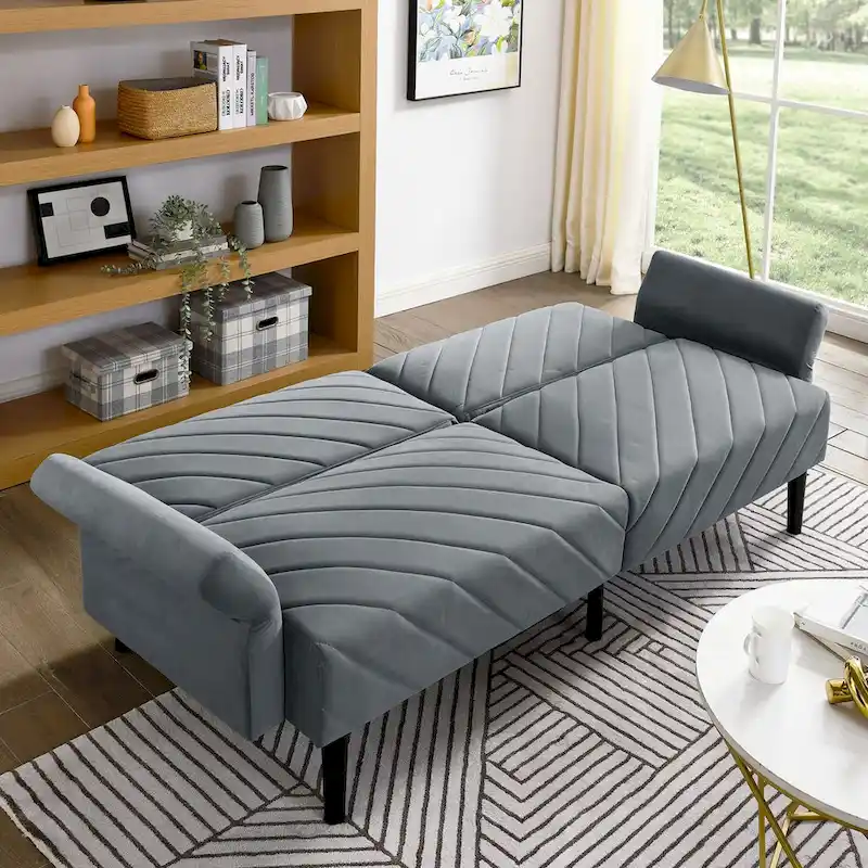 87 Velvet Convertible Folding Sofa Bed with Adjustable Armrests
