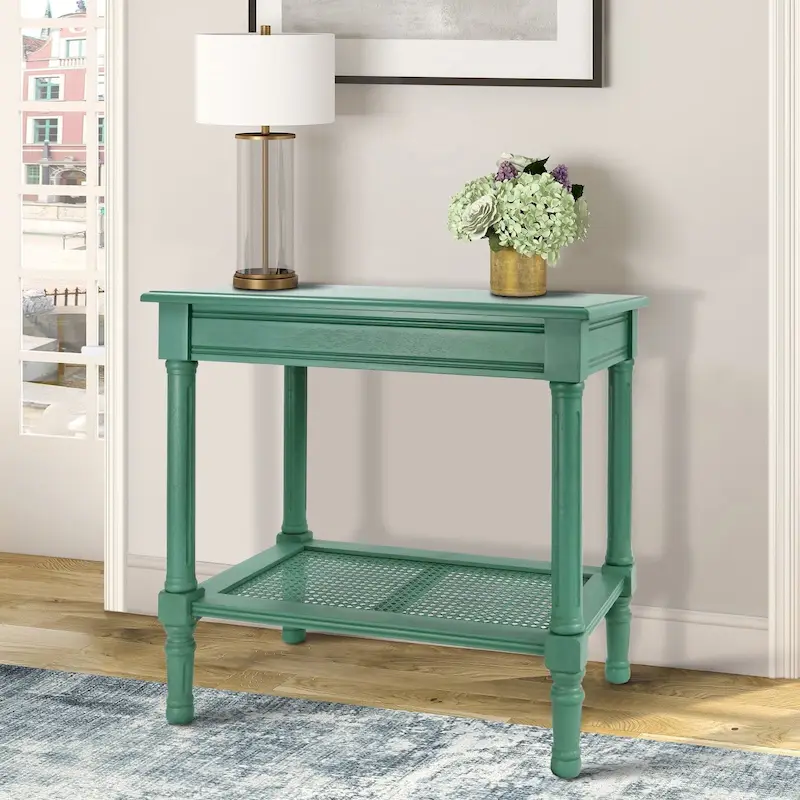 Copper Grove Reine Cream Side Table with Rattan Shelf