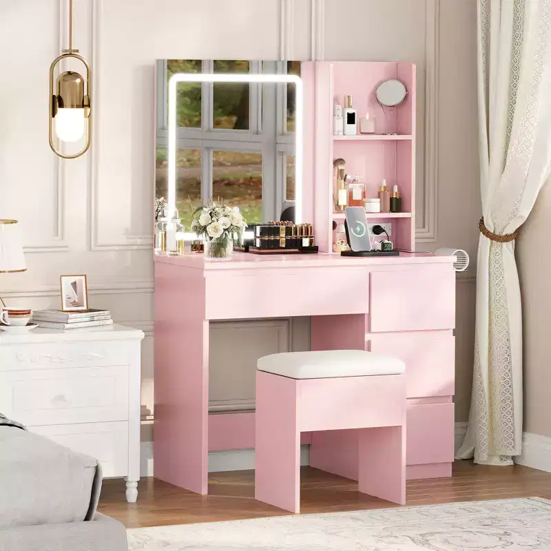 Vanity Desk with LED Mirror, 4 Drawers, Power Outlets, Storage Stool & Hair Dryer Holder