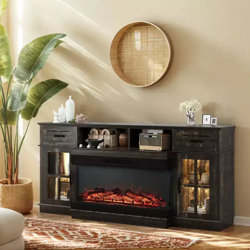 Farmhouse 70'' TV Stand For Tvs Up To 80'' With Electric Fireplace and Adjustable Shelves