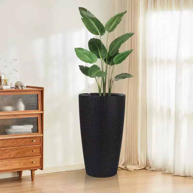 Okak 2 Pack Elegant Modern Faux Rattan Design Planter, Plastic Large Pot with Auto-Watering System for Home, Garden,Indoor/Outdoor