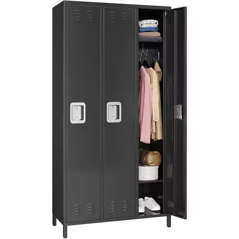 3-Door Metal Storage Locker with 9 Hooks, Heavy Duty Steel Locker for Gym, School, Office, Garage, Employee Locker Room, Home Organization, Black