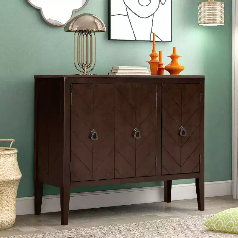 37 Sideboard Cabinet, 3-Door Wooden Buffet Storage Cabinet with V-Groove Pattern Doors & Retro Ring Handles - Panipeachy