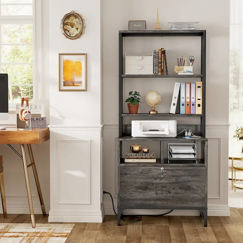 Tall File Cabinet with Locking Drawer, Open Shelves and Built-In USB Charging Station, Grey