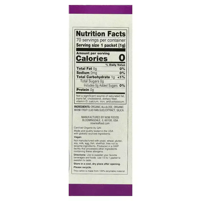 NOW Foods Organic Monk Fruit, Zero-Calorie Sweetener, 70 Packets, 0.035 oz (1 g) Each