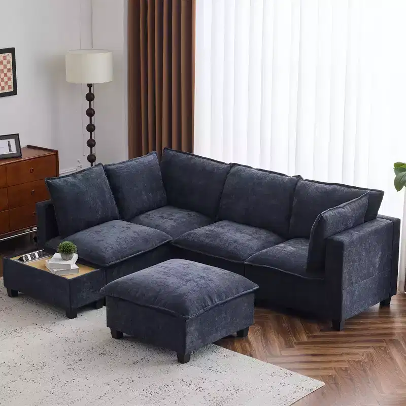 90W U-Shaped Sectional Sofa Modular Sofa Couch with a Movable Ottoman & a Coffee Table with Hidden Charging Devices - ModernLuxe