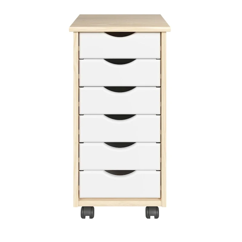 Solid Wood 6-Drawer Narrow Roll Cart with Casters