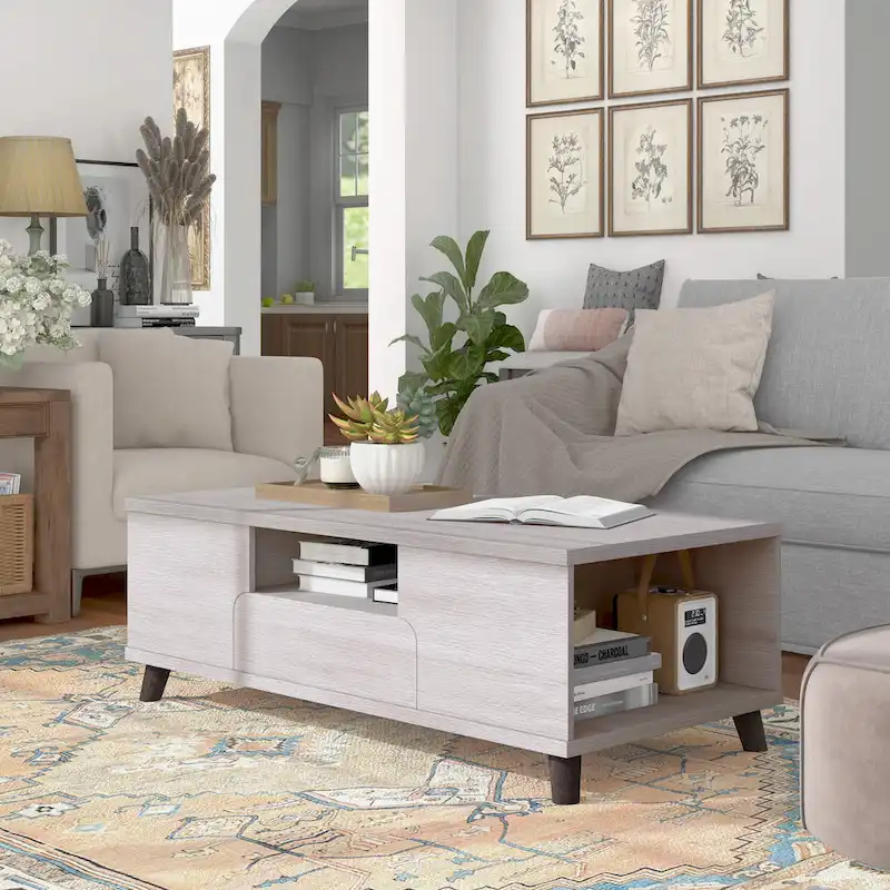 47 Mid-Century Modern Coffee Table with Shelves & Drawer