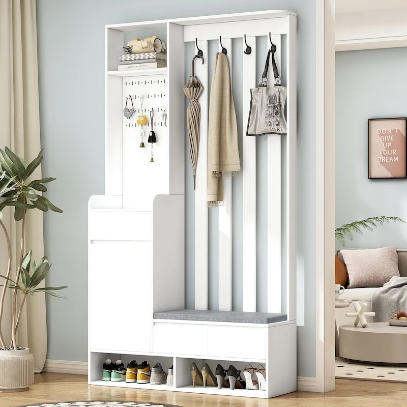 39.3Wx70.8H Hall Tree Storage with Cushioned Storage Bench,Multifunctional Hallway Shoe Cabinet,Pegboard,Coat Rack,4 Hooks