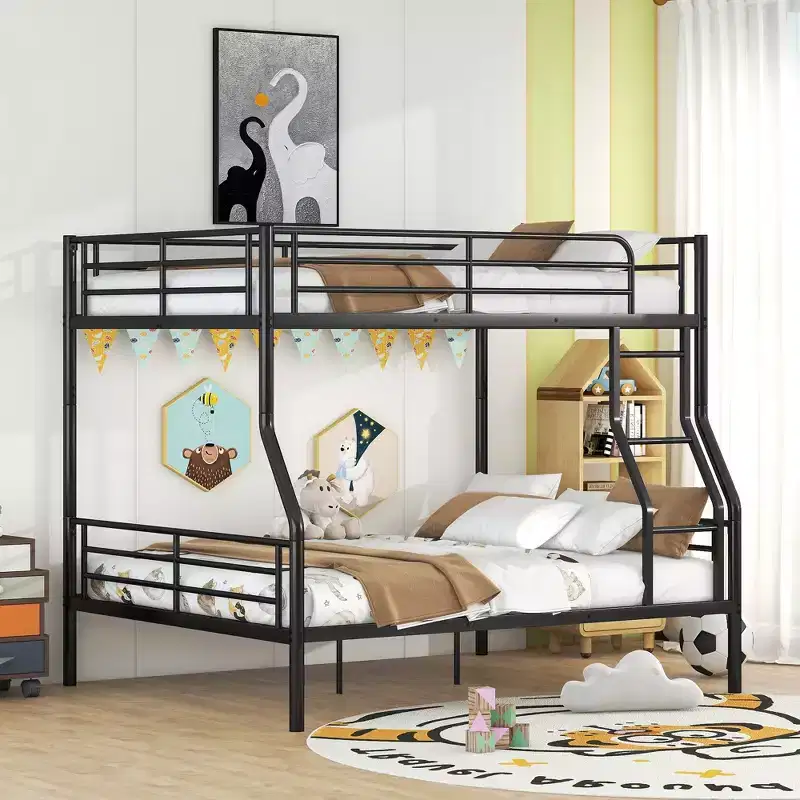 Full XL Over Queen Metal Bunk Bed, Chrome Finish, Splits into 2 Beds