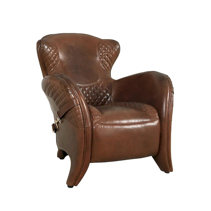 Top Grain Leather Wingback Chair – Brown, Quilted, Solid Wood Legs, Seats 1