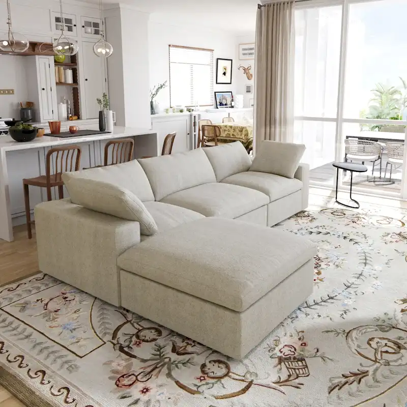 L-shape Linen Sectional Sofa Upholstered Sofa Multiple Cushions Couch with Storage Ottoman