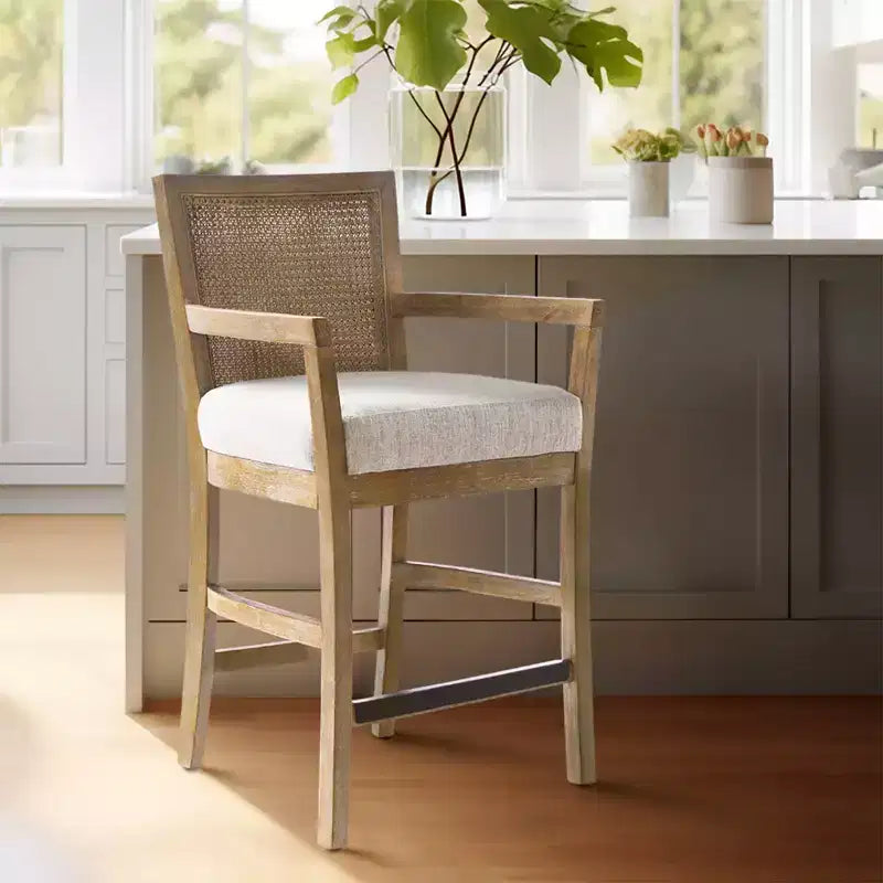 Cane Back Counter Height Barstool �C Cream Seat, Reclaimed Wood Frame