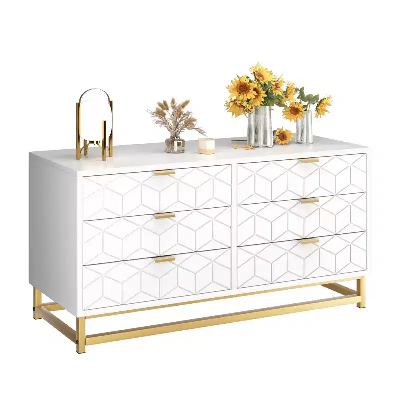Dresser for Bedroom, White 6-Drawer Wooden Dresser with Metal Legs, Wide Storage Organizer for Living Room Hallway
