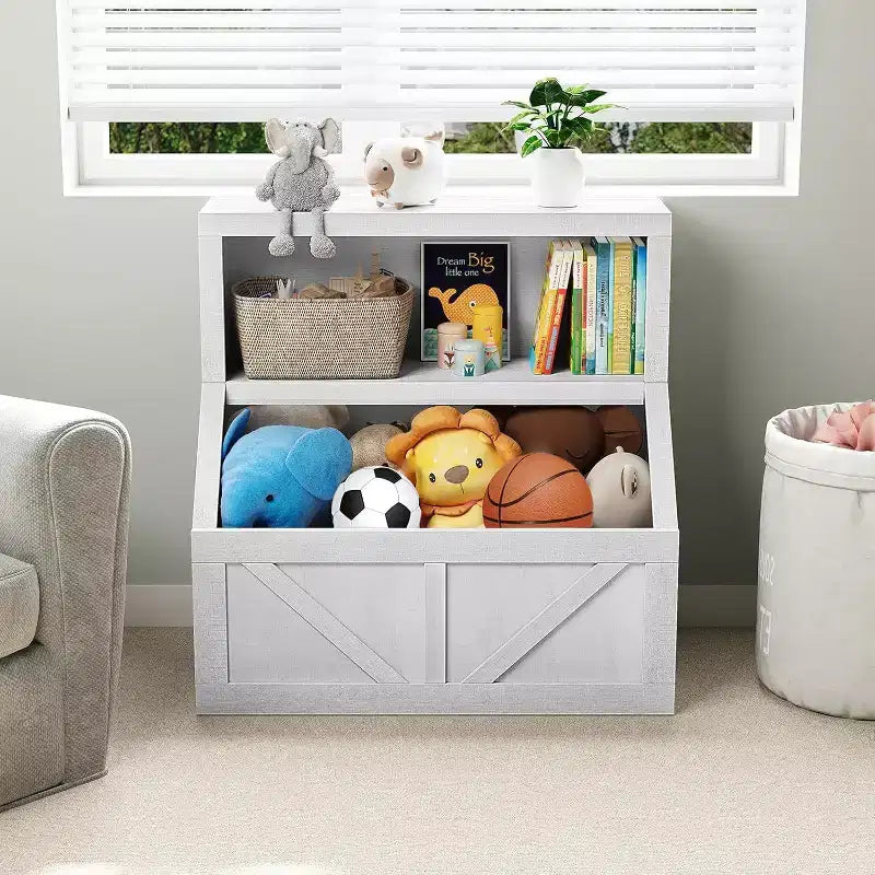Kids Bookshelf and Toy Storage, 2-Tier Organizer with Lower Cabinet, Toddler Bookcase for Bedroom, Playroom, Classroom, Vintage White