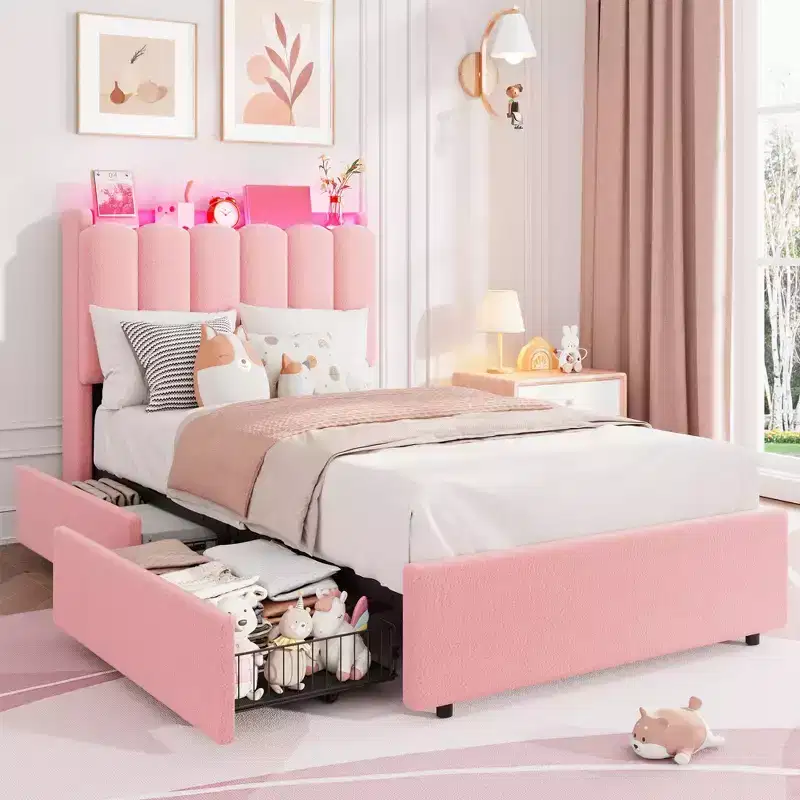 Acekool Bed with Bookcase Headboard, Drawers & RGB LED, Wavy Storage Bed Frame for Kids Bedroom