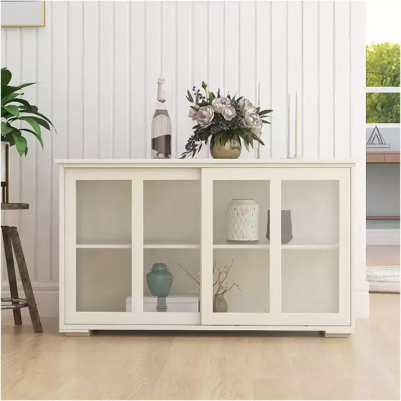 Buffet Cabinet Modern Wooden with Sliding Glass Doors, Versatile Storage Stand for Kitchen, Dining Room, or Living Room