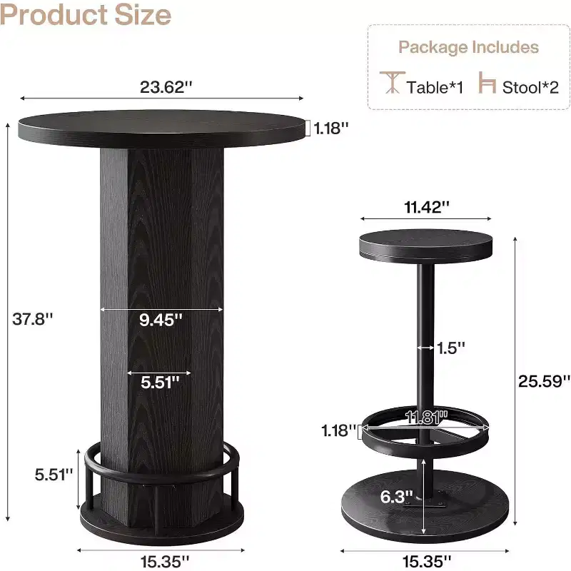 Lantine 3-Piece Dining Table Set for 2, Small Round Kitchen Table with 2 Chairs, Black Counter Height Pub Table for Small Space, Apartment, Bistro