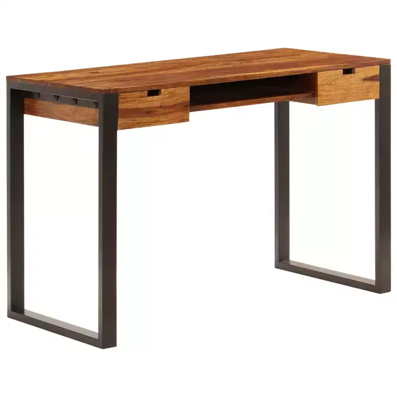 Industrial Writing Desk with 2 Drawers 鈥?Solid Acacia Wood & Powder-Coated Steel, 43.3Wx21.7Dx30.7H