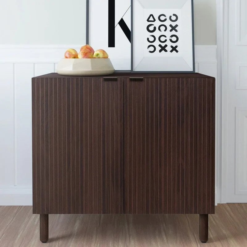 Walnut Finish Double Door Storage Cabinet with Vertical Groove Panels