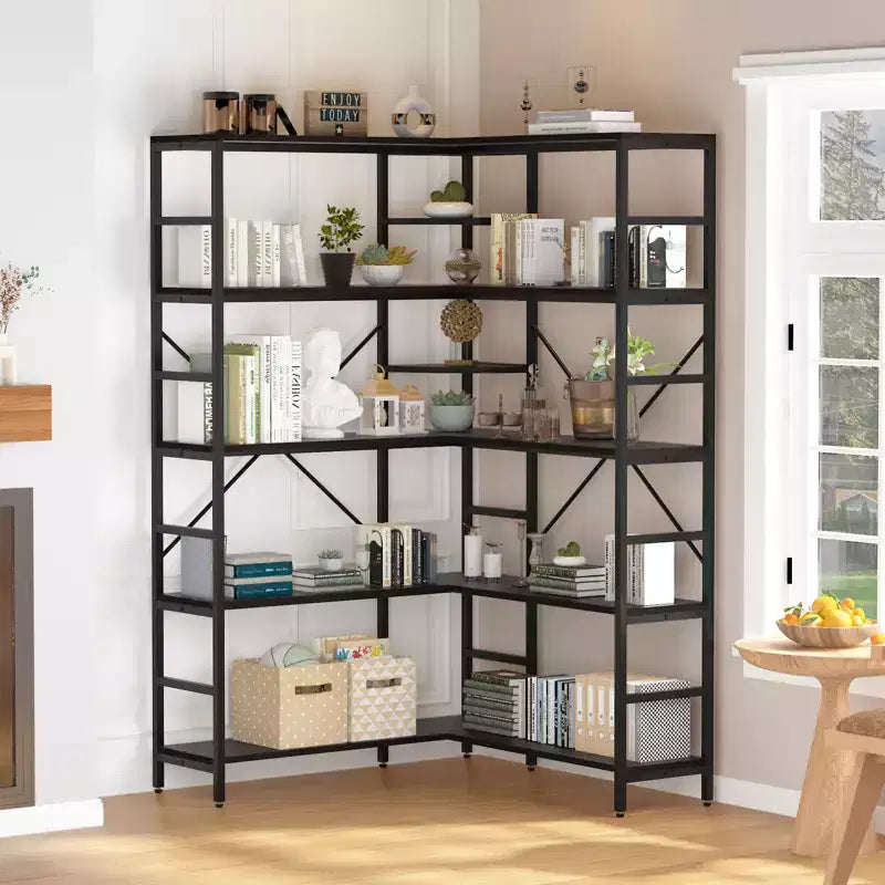 5 Tier Corner Bookshelf, L Shape Tall Bookcase, Industrial Bookshelves, Metal Frame for Bedroom, Living Room, Home, Office