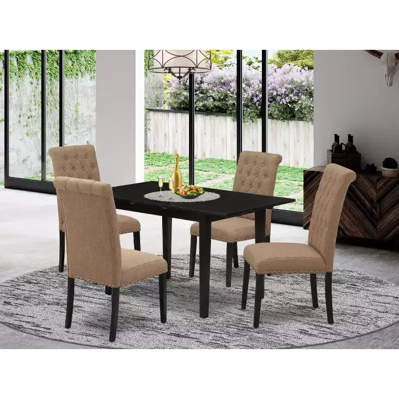 HomeStock 5-Pc Black Solid Wood Top - Rectangular Button Tufted Upholstered Dining Room Set with Butterfly Leaf - Seats 4