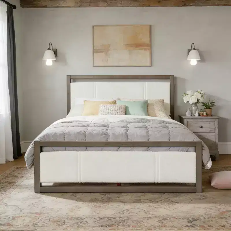 Christopher Knight Home Bellane Modern Wood Platform Bed Frame with Ivory Boucle Headboard
