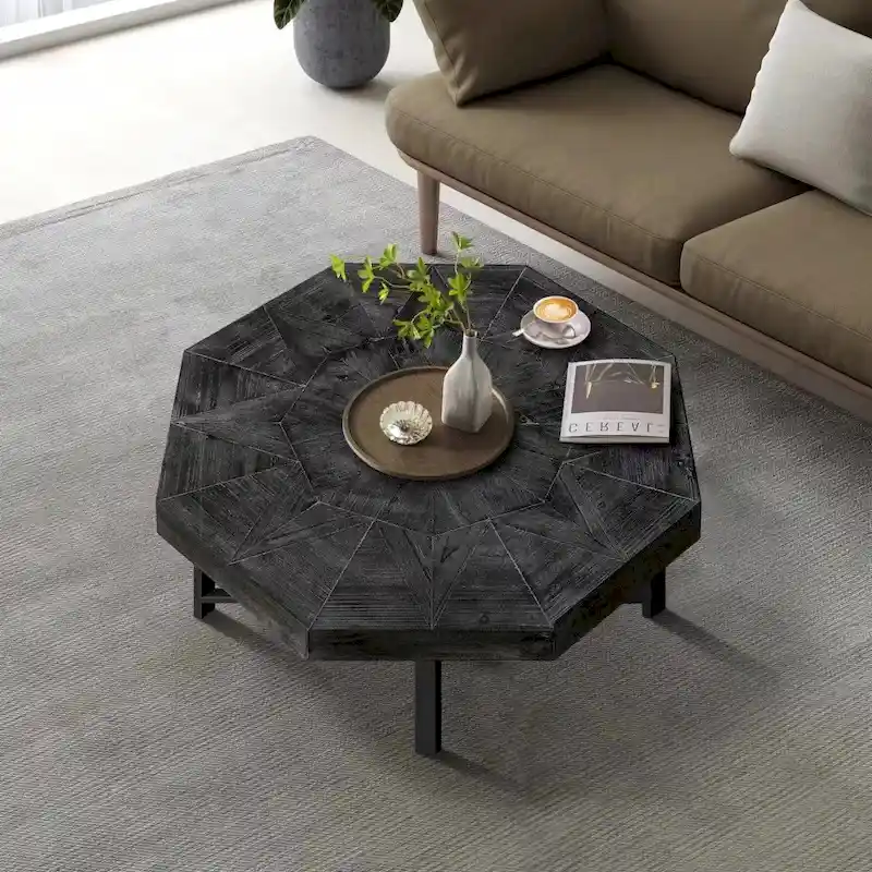 Octagonal Solid Wood Vintage Patchwork Coffee Table with Metal Frame