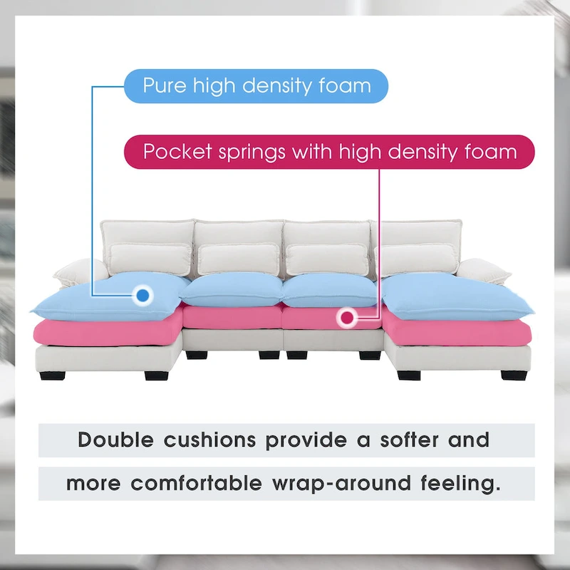 [VIDEO provided][New]109.8*55.9 Modern U-shaped Sectional Sofa with Waist Pillows,6-seat Upholstered Symmetrical Sofa Furniture