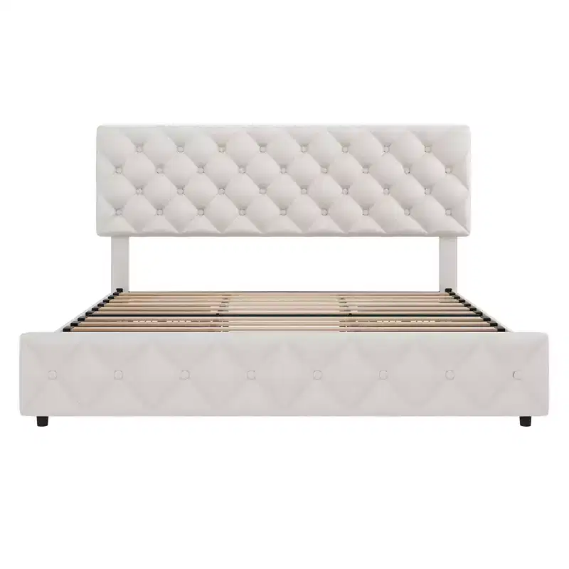 Bed frame with 4 storage drawers  Adjustable headboard  Diamond-quilted linen or faux leather upholstery  No mattress base required