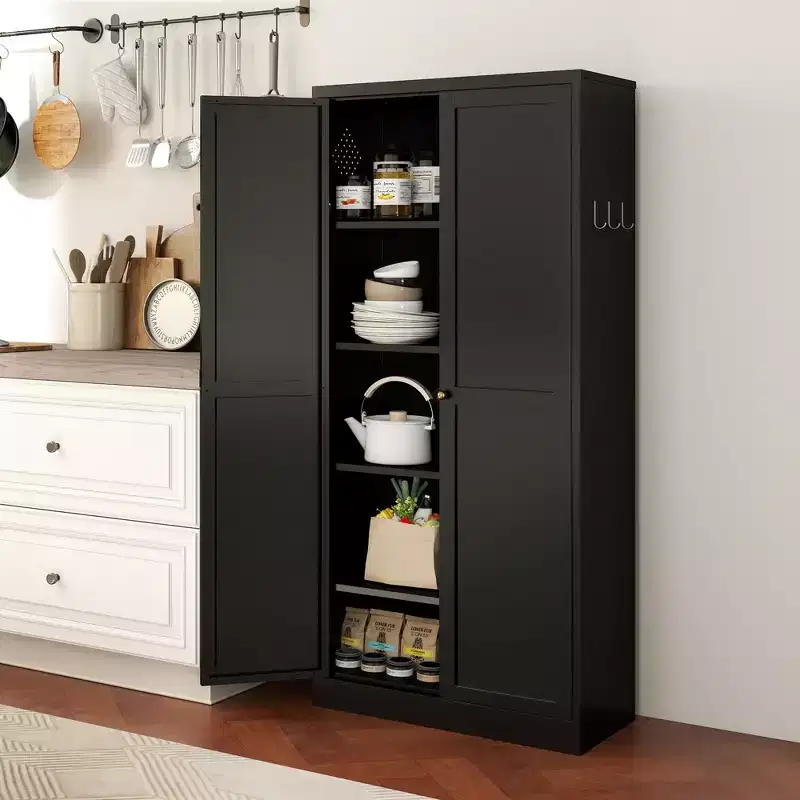 Metal Kitchen Pantry Cabinet – 4 Adjustable Shelves, 110 lbs Each, Farmhouse Style, 66"H