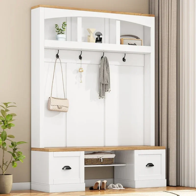Farmhouse Hall Tree with Wood Grain Bench, Hooks and Bottom Cabinets