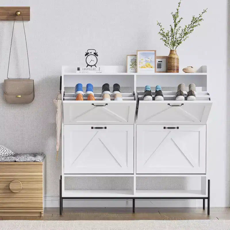 48.4 White Shoe Cabinet with 4 Flip Drawers and Metal Legs