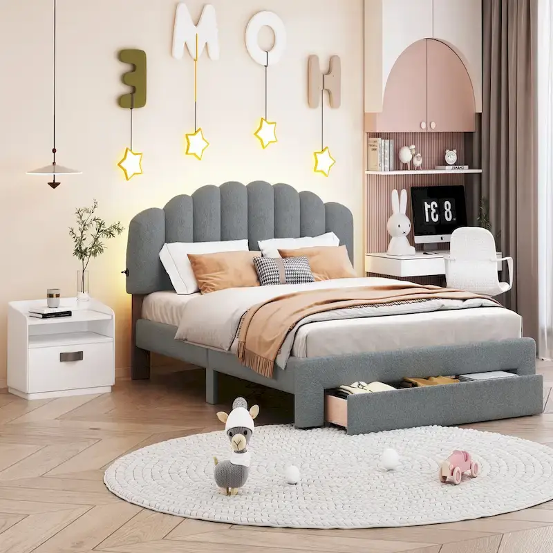 Teddy Fleece Queen Size Upholstered Platform Bed with Drawer