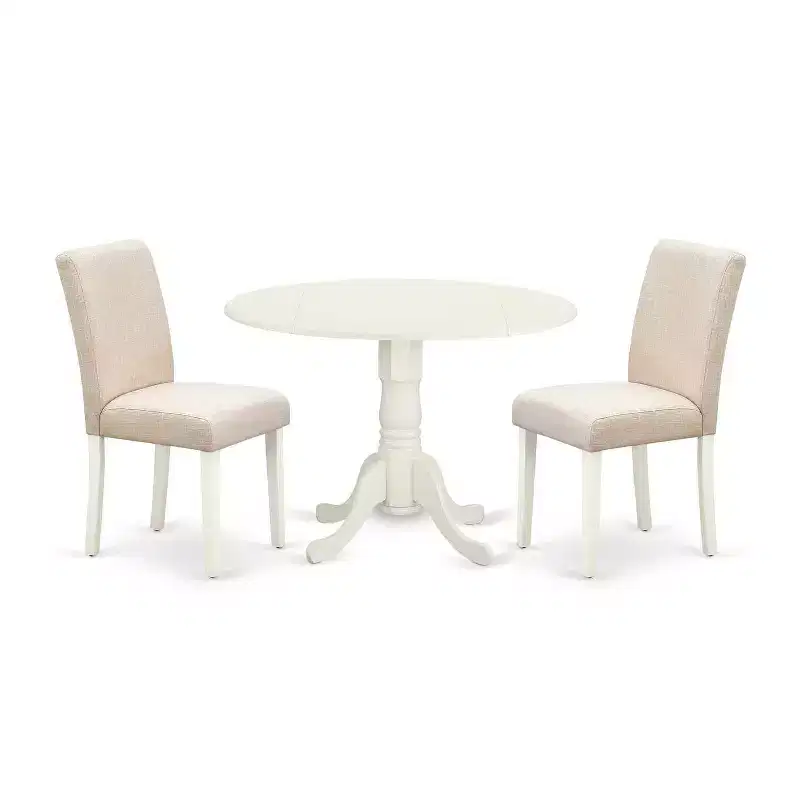 Round Dining Table Set 3pc 42 Table w/ Drop Leaves & 2 Parsons Chairs - Linen Beige Fabric