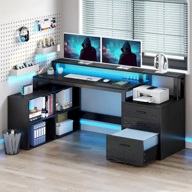 65" L-Shaped Corner Desk with RGB LED, Monitor Stand & Storage Cabinet – 1-Person | White / Oak / Charcoal Grey / Black