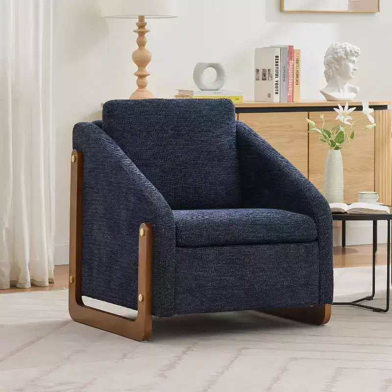 Modern Chenille Upholstered Accent Chair with Wooden Side Frame & Cushioned Seat