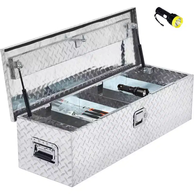 Heavy Duty Aluminum Truck Tool Box 39x13x13, Diamond Plate Storage Chest with Sliding Shelf, Lock & Keys, Waterproof Organizer for Pickup, Silver